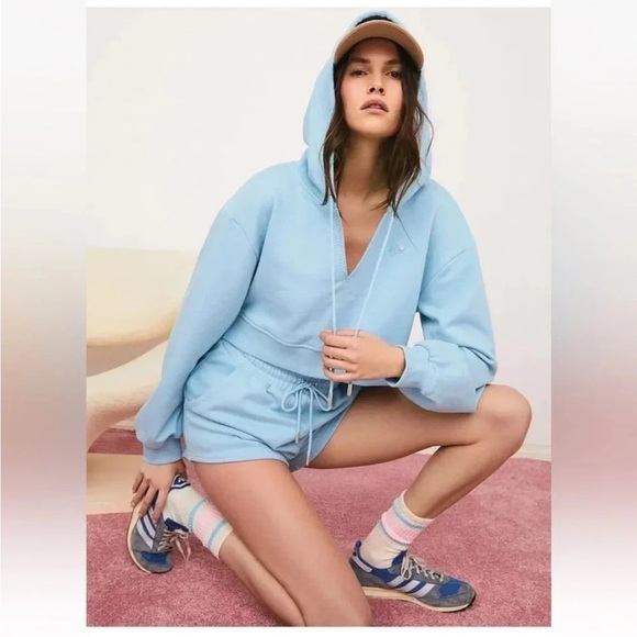 For Love & Lemons Harper Crop Hoodie Blue V‎ Neck Drawstring Sweatshirt Size M - Picture 2 of 13